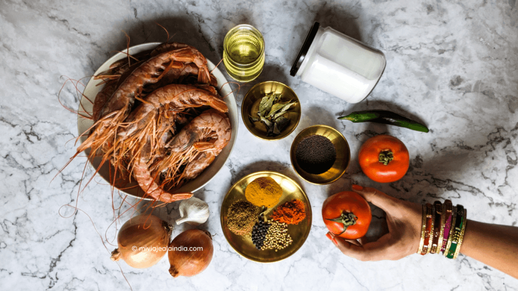 Ingredients for shrimp curry with Indian coconut